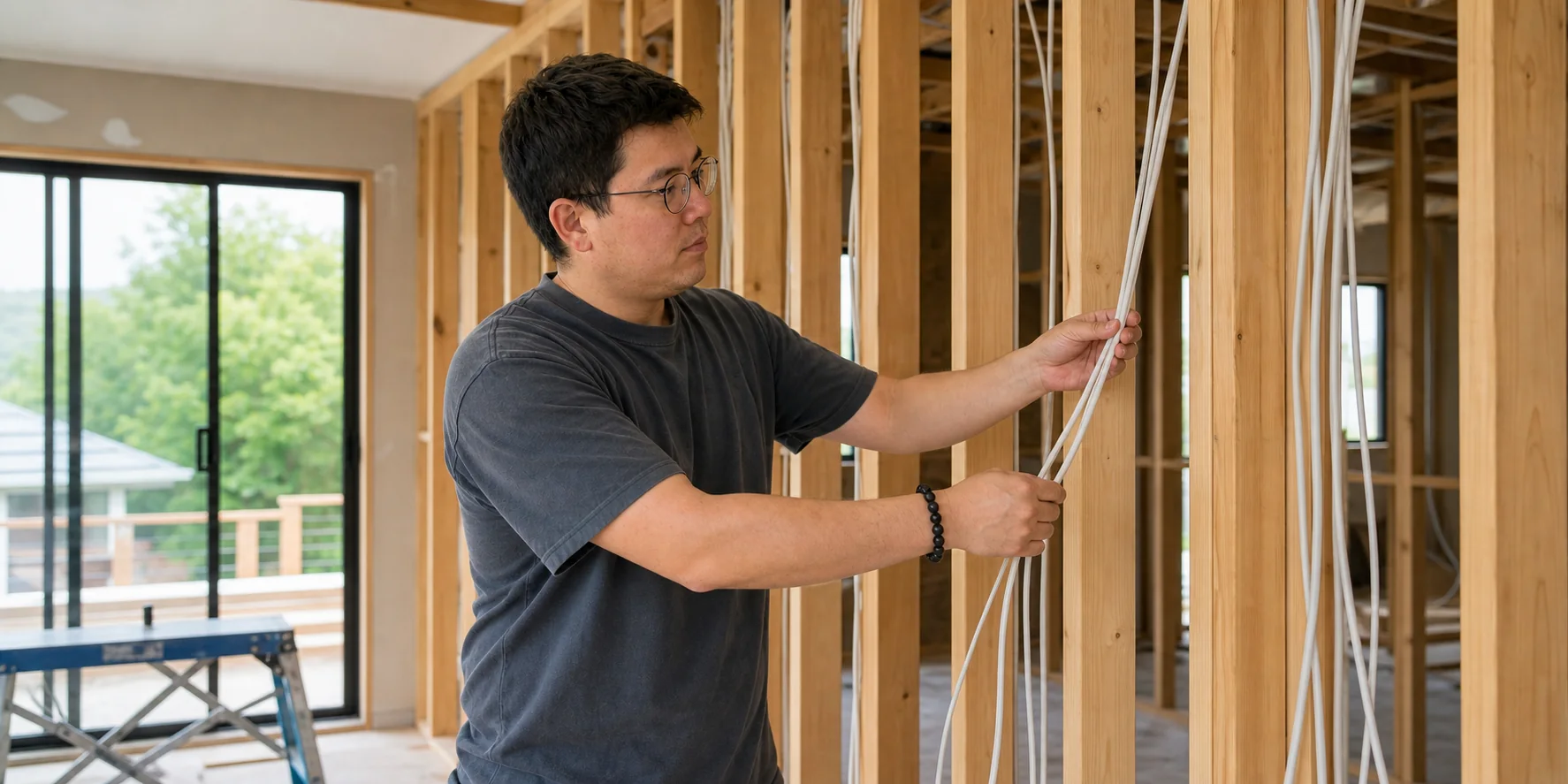 Allen Zhu running new electrical cabling in an Auckland home renovation