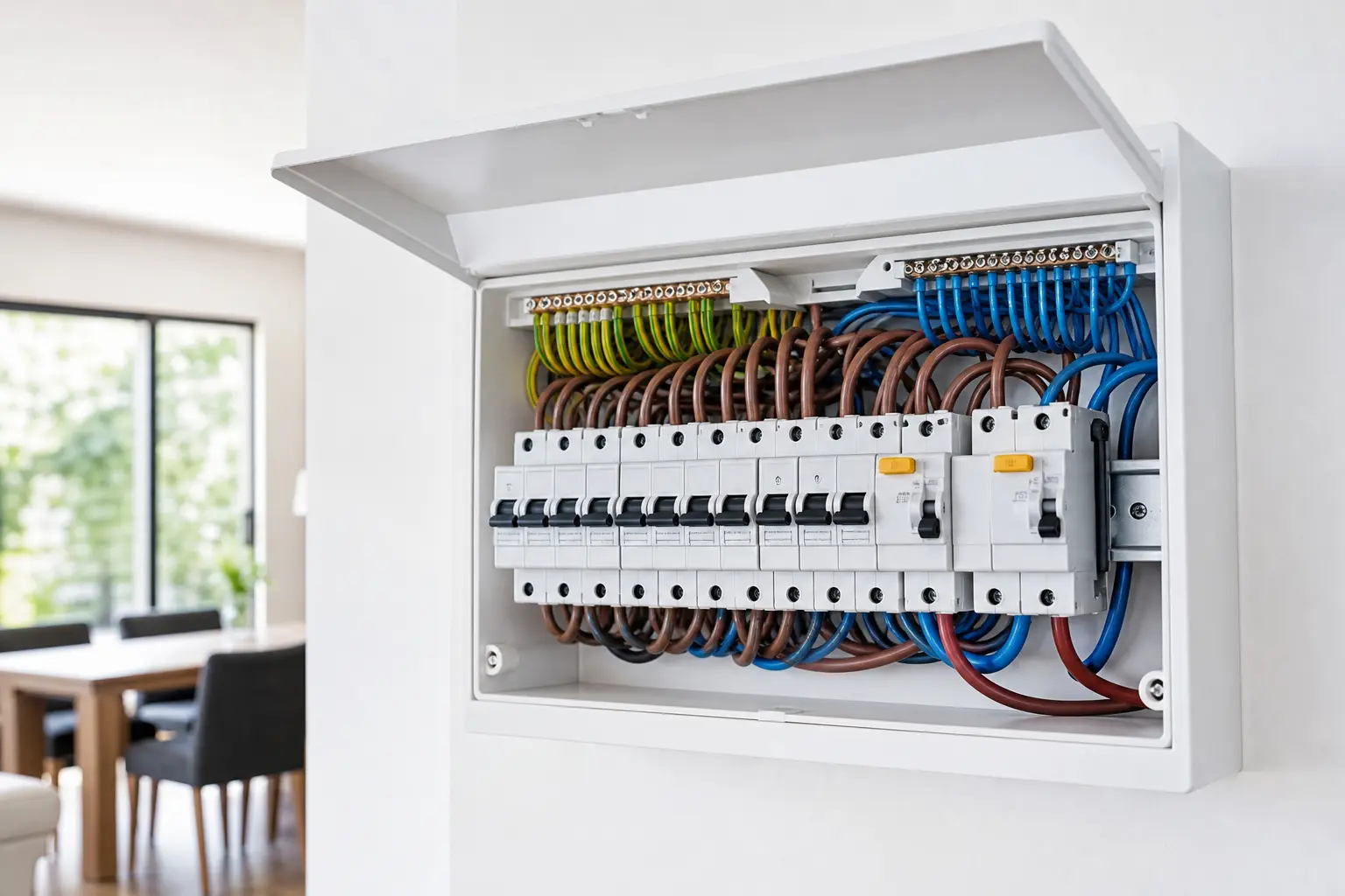 A modern residential switchboard wired and labelled by UBL Electrical, with RCD safety switches